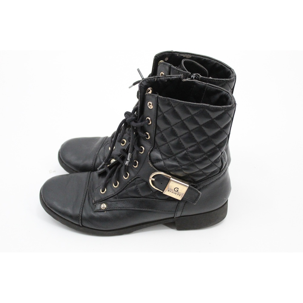 G‎ BY GUESS GGBYSON-M Black Quilted Lace Up Combat Boots Gold Buckle Womens 6.5M